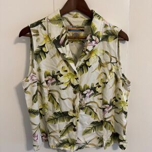 Sunset Cove Womens XL Tropical Floral Sleeveless Button Up Shirt Cream Green